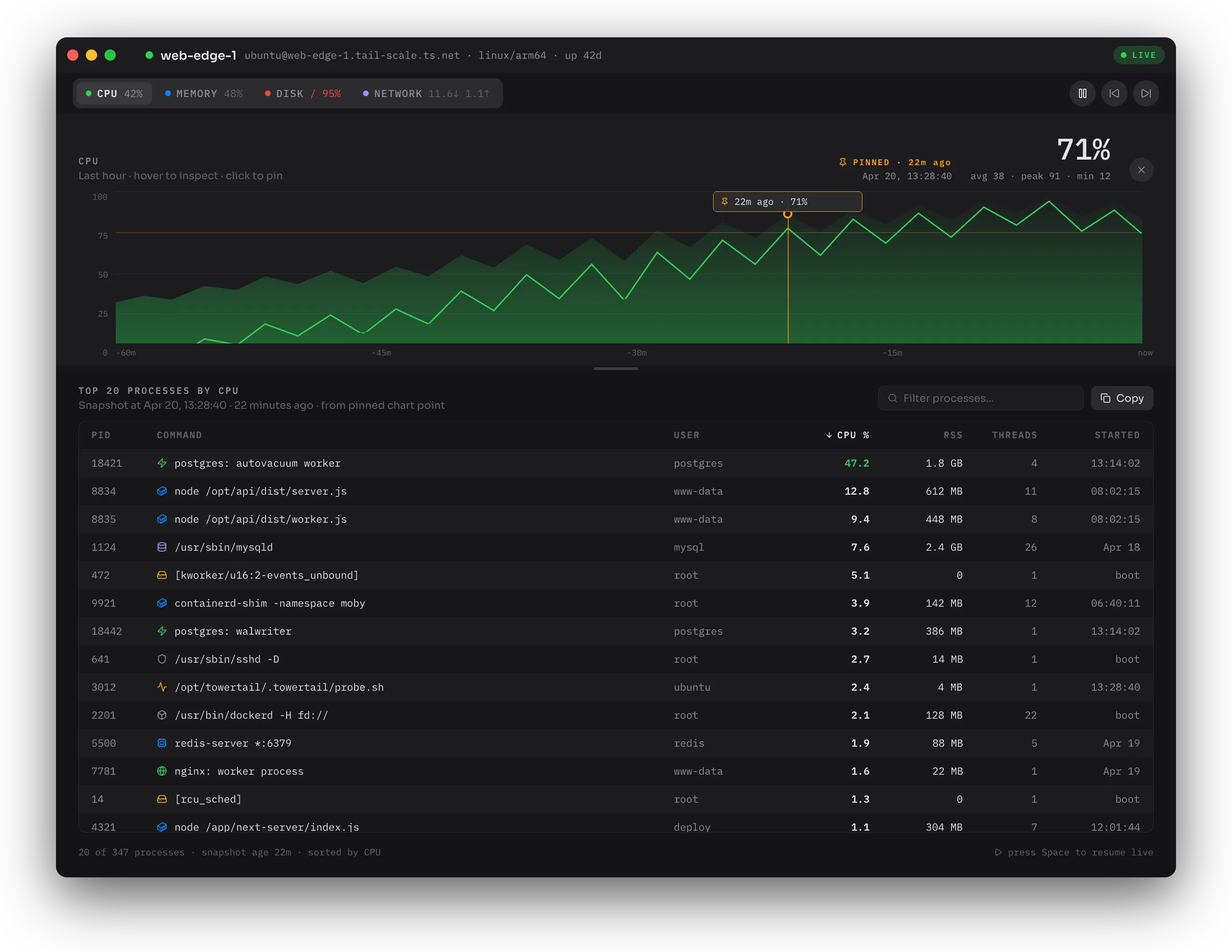 The full view of one server with charts and a process table
